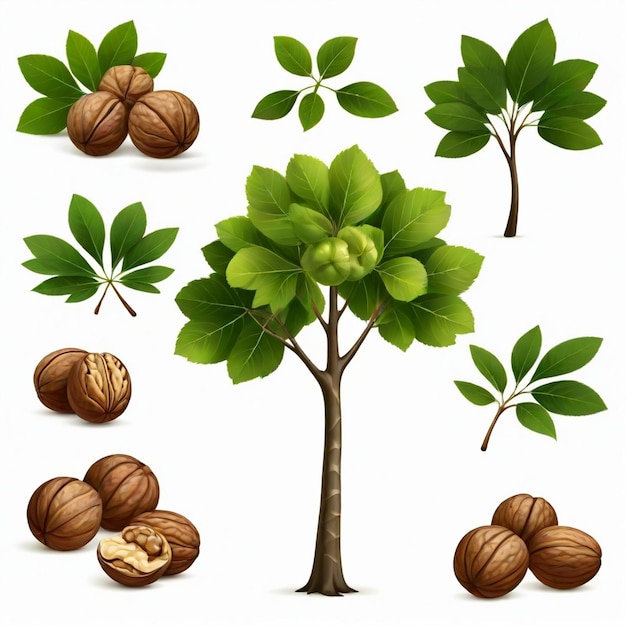 a tree with a bunch of nuts and a tree with leaves and a tree with the words nuts