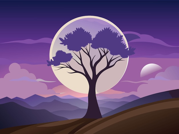 Vector a tree with a full moon in the background