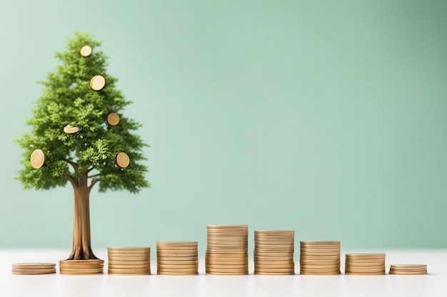 Vector a tree with a green background and gold coins on the table