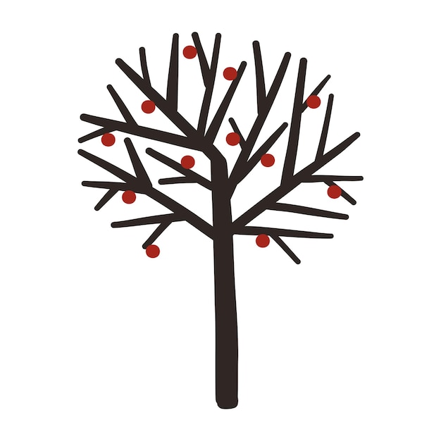 Tree with no leaves and red fruits Hand drawn Christmas winter illustration