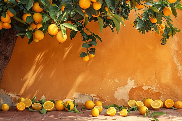 Vector a tree with oranges and green leaves on it and a wall with a wall behind it ripe pomelo fruits hang