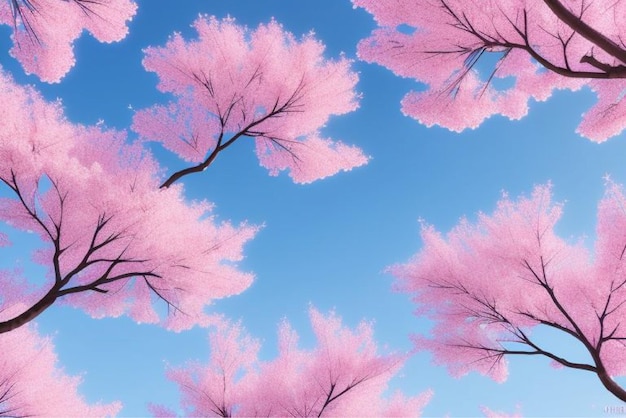 Vector a tree with pink and blue leaves and the sky is blue