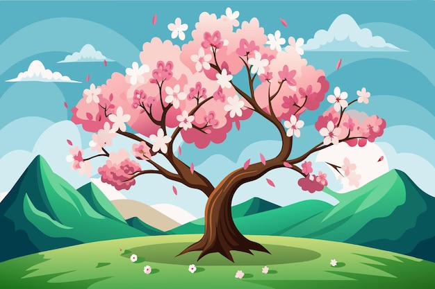 A tree with pink flowers is in a field with mountains in the background