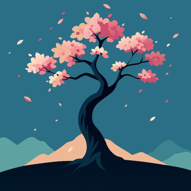 a tree with pink flowers on it and the mountains in the background