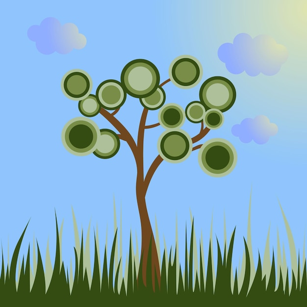 Tree with a round crown on a blue background with green grass