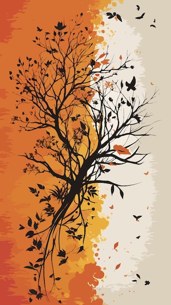 Vector tree with yellow leaves and birds flying around cartoon drawing artwork vector