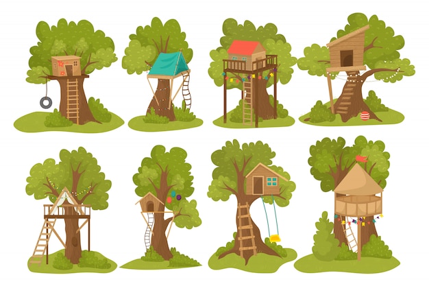 Vector tree wood houses for children playground with ladder, swing and flip-flap to play for kids outdoor   illustrations set. wooden treehouse for kids, park construction of little playhouses.