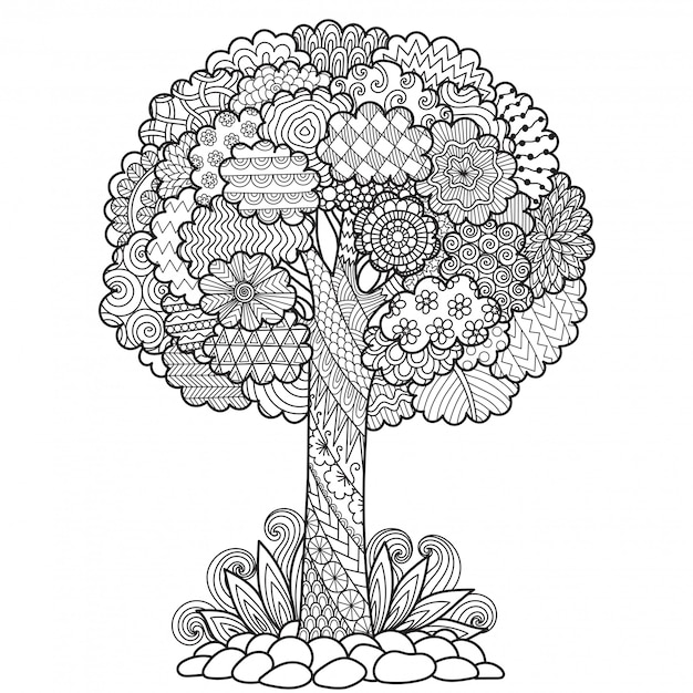 Tree zentangle style, coloring page