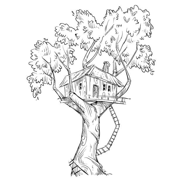 Treehouse. Hand drawn line vector illustration