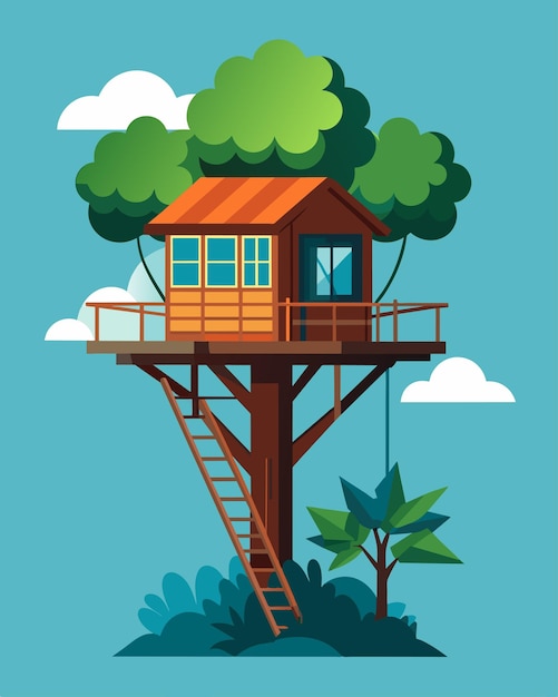 Vector a treehouse with a wraparound balcony allowing a freelancer to switch up their workspace and soak in