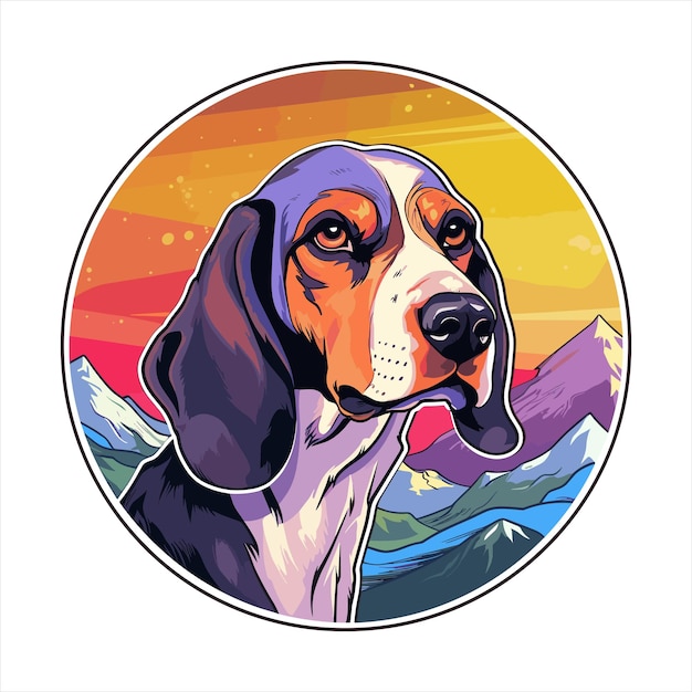 Treeing Walker Coonhound Dog Breed Colorful Cartoon Kawaii Snow Mountains Pet Isolated Illustration