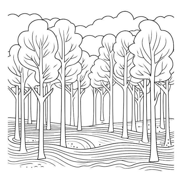 Trees in the forest Black and white vector illustration for coloring book