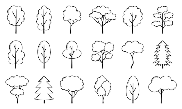 Vector trees and forest doodle set hand drawn conifer spruce oak pine in sketch style