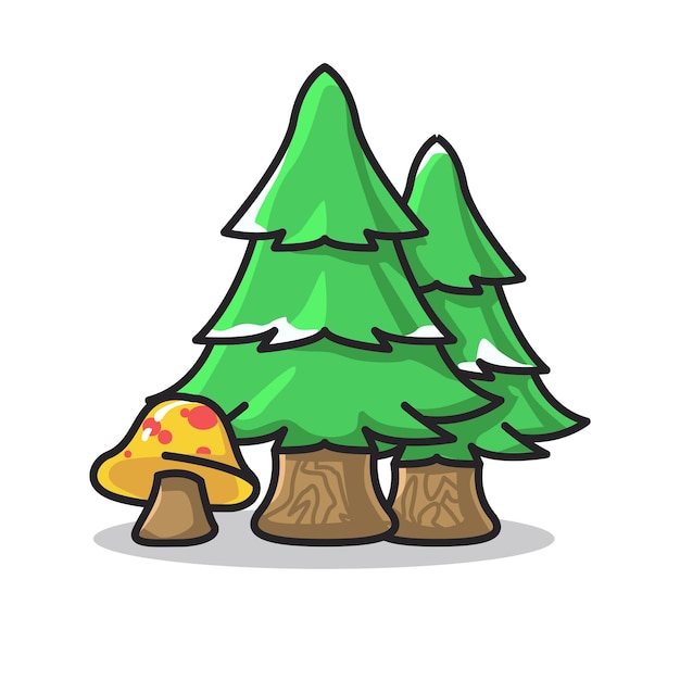 Trees and mushroom with little snow in cute line art illustration