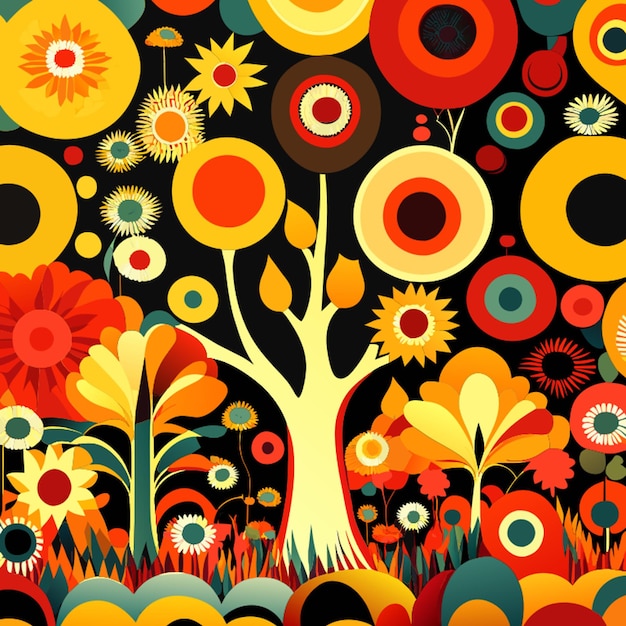 a trees pattern featuring whimsical daisies romantictrees and playful circles in a bright color