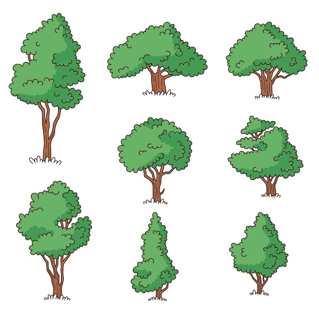 Trees set of simple cartoon style drawings Plants forest doodle illustrations