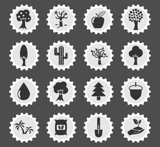 Trees symbols on a round postage stamp stylized icons