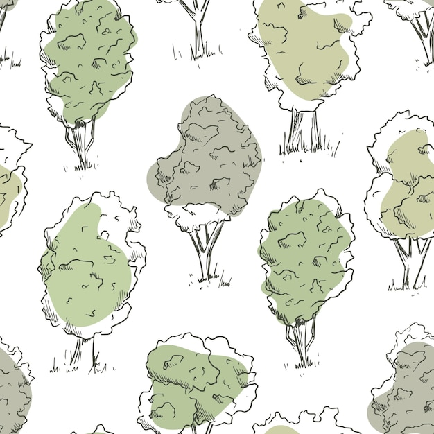 Trees with lush leaf crown in sketch style vector seamless pattern