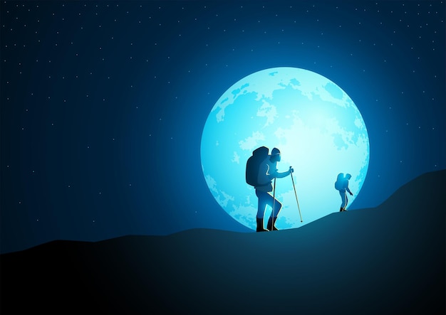 Trekkers with backpack trekking on mountain with beautiful full moon on the background