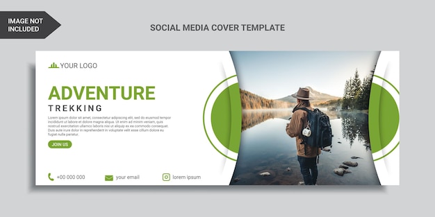 Trekking social media cover design or web banner with green color shape