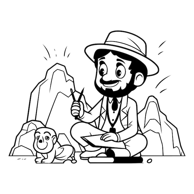 Trekking tourist with his dog Vector illustration Black and white