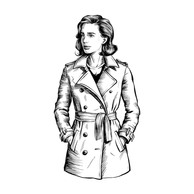 Vector trench coat vector pencil ink sketch drawing black and white monochrome engraving style