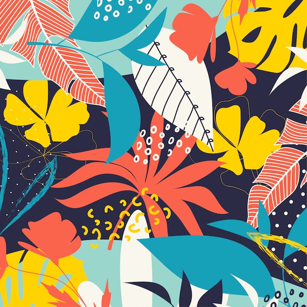 Trend abstract background with bright tropical leaves and plants