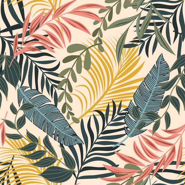 Trend abstract seamless pattern with colorful tropical leaves