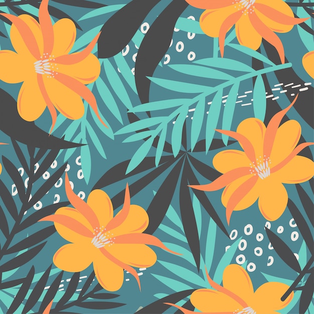 Trend seamless pattern with bright tropical leaves and flowers