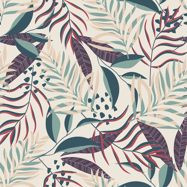 Trend seamless pattern with tropical leaves and plants on pastel color