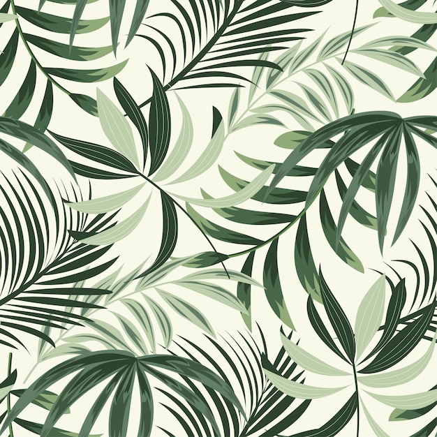 Trending bright seamless pattern with colorful tropical leaves and plants