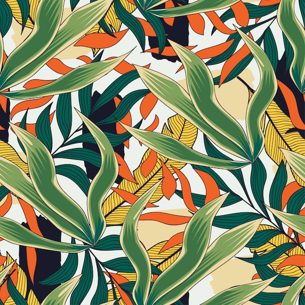 Trending bright seamless pattern with leaves and plants on white background