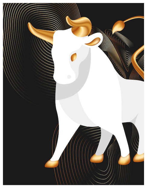 Trending poster for Happy Chinese New Year White bull with golden horns and thin golden lines