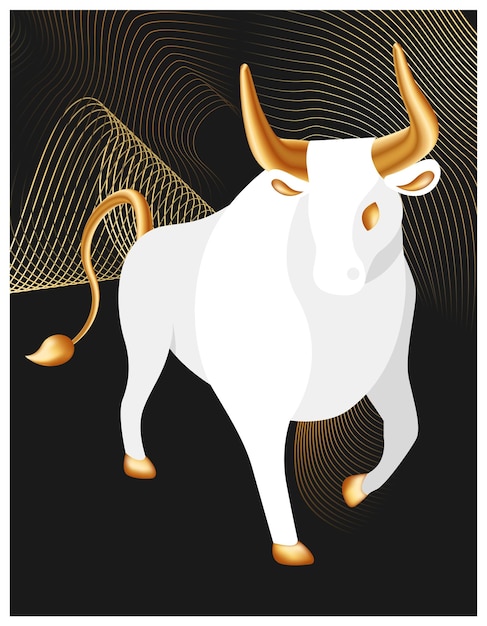 Trending poster with symbol of Chinese New Year White bull with golden horns and thin gold lines