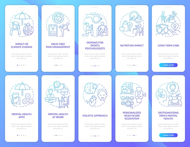 Trends in psychology blue gradient onboarding mobile app screen set