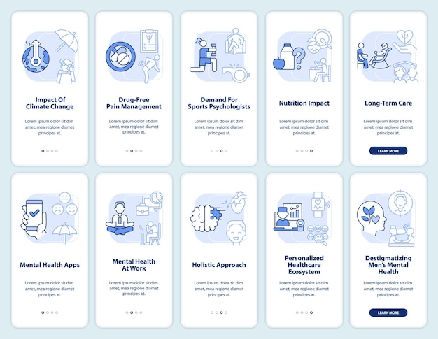 Trends in psychology light blue onboarding mobile app screen set