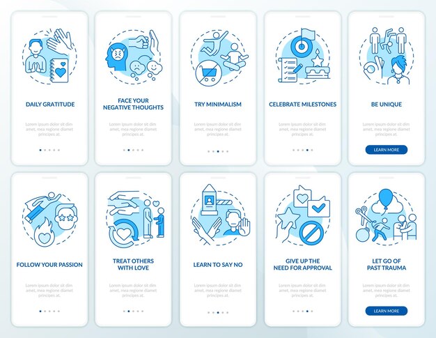 Trends of selflove and acceptance blue onboarding mobile app screen set