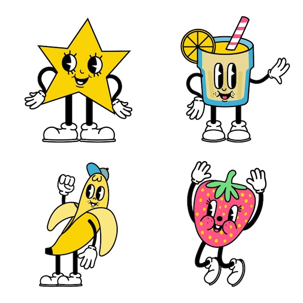 Trendy abstract cartoon character strawberry and banana