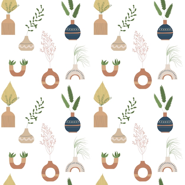 Trendy abstract seamless pattern with plants, vase on pastel background.