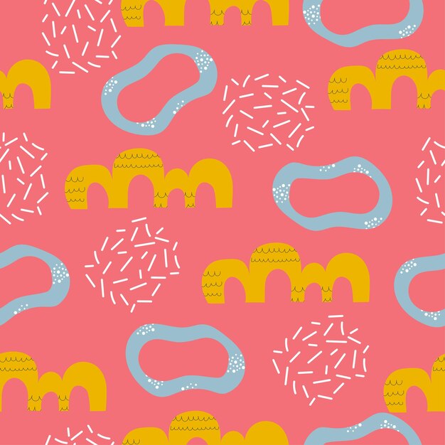 Vector trendy abstract seamless pattern with simple hand drawn shapes vector design on pink background