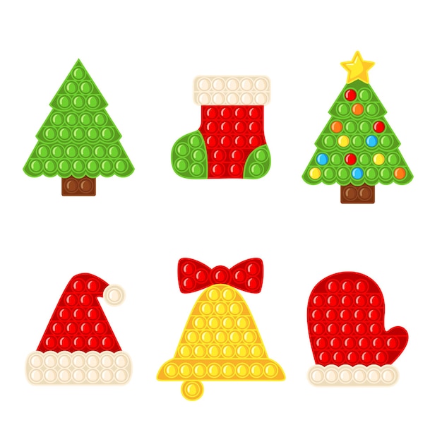 Trendy antistress sensory toy Pop it fidget set with Christmas elements in flat style