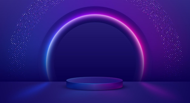 Trendy Blue 3d cylindrical pedestal podium background with glowing and sparkling circular neon light