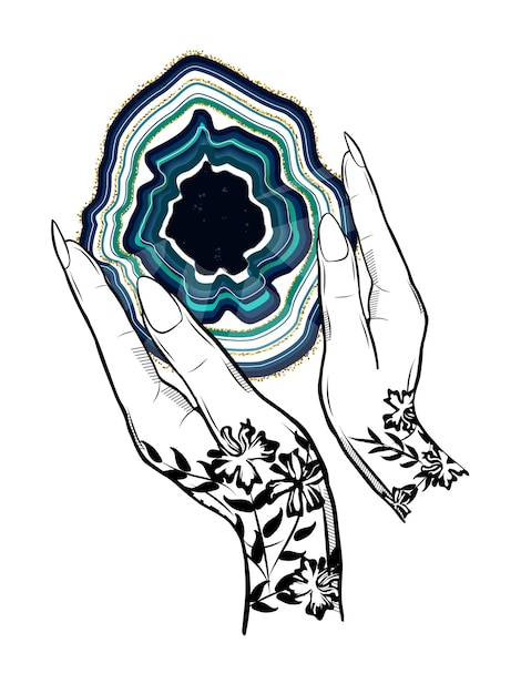 Trendy boho illustration with hands holding a mineral