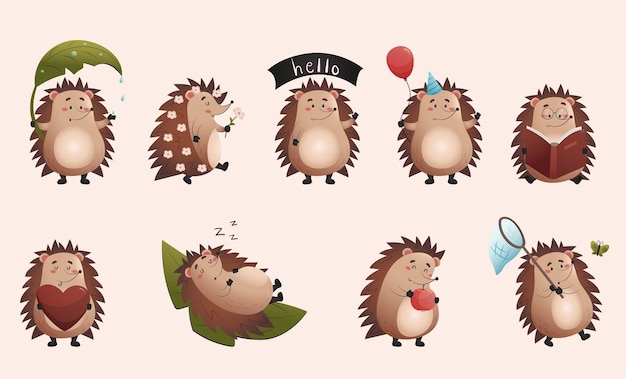 Trendy cartoon cute character hedgehog Cartoon character flat vector illustration Sticker pack