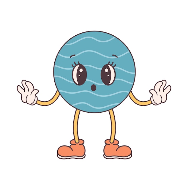 Trendy cartoon groovy planet character in retro style 60s and 70s Solar System Space