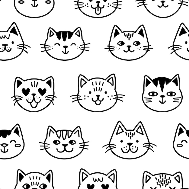 Trendy cartoon seamless pattern with cute doodle cat faces. Funny vector illustration for kids.