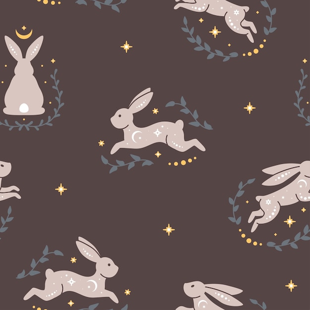 Trendy celestial seamless pattern with rabbits Boho magic background with leaves moon stars