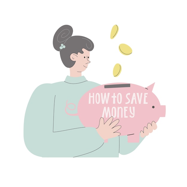 Trendy character girl collect money in pink piggybank How to save money Flat vector illustration for banner article post