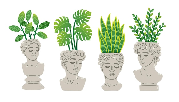 Trendy collection of home plants in statue heads flowerpots. Set of houseplants in pots vector