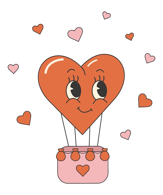 Trendy comic groovy valentines day sticker. Heart character Retro valentines day 70s 60s aesthetics